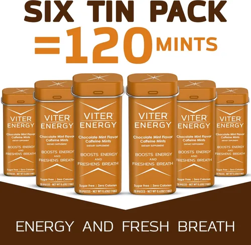 Vista 8 de Viter Energy Mentas con Cafeína 40mg de Cafeína, Vitaminas B, Sin Azúcar. (Menta Chocolate, 20 piezas, Paquete de 6)