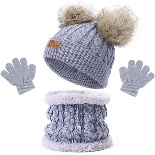 Bonito gorro de invierno con pompón para niños, 3 en 1, gorro, bufanda y guantes, gorro de punto con forro polar para niños de 1 a 6 años