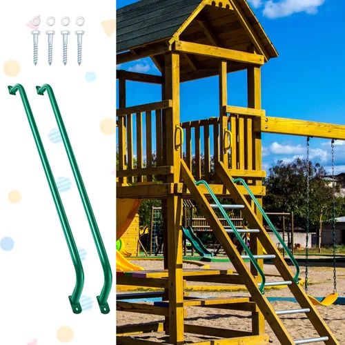 Vista 6 de Lounsweer 4 piezas de accesorios de parque infantil, asas de seguridad de metal verde, mango de escalera para casa de juegos, mango largo verde