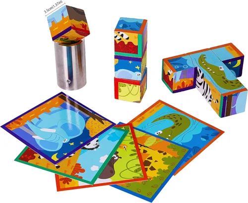 Vista 5 de TOWO - Rompecabezas de cubos de madera para niños, rompecabezas de cubo de madera, 9 cubos de madera, 6 imágenes de animales salvajes en una caja