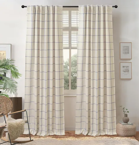 Vista 35 de DriftAway 2 paneles cortinas de lino a cuadros 100% opacas de doble capa cortinas para dormitorio de 96 pulgadas de largo estilo granja con Gris