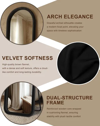 Vista 5 de Delma Espejo arqueado de longitud completa, espejo con marco de terciopelo para apoyar o colgar, decoración de dormitorio y sala de estar, negro
