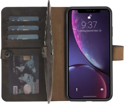 Vista 68 de HARDISTON Funda de piel auténtica de alta calidad hecha a mano para iPhone XR, tarjetero doble, funda magnética desmontable, función atril Marrón