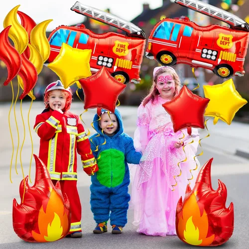 Vista 6 de Juego de 18 globos de camión de bomberos, 4 globos de llama de papel de aluminio, 2 globos de bomberos, 6 globos de fuego, 6 globos de estrella