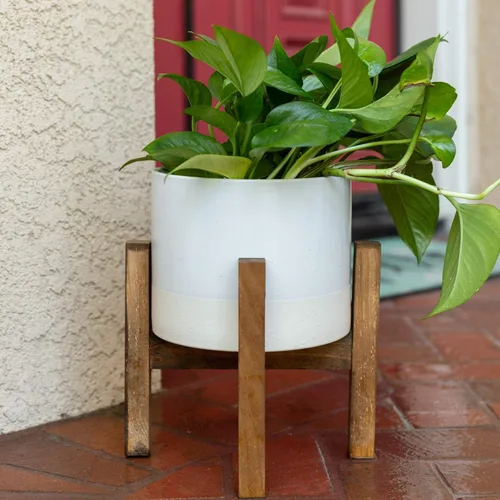 Vista 3 de Flora Bunda Maceta de cerámica Mid Century de 8 pulgadas, maceta grande de dos tonos en soporte de madera, color blanco
