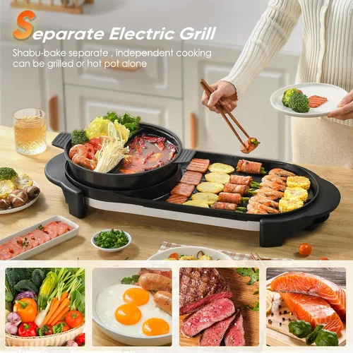 Vista 5 de Olla caliente eléctrica 2 en 1 sin humo con parrilla, olla caliente extraíble de 2200W, combo de barbacoa coreana y Shabu para interior, sartén