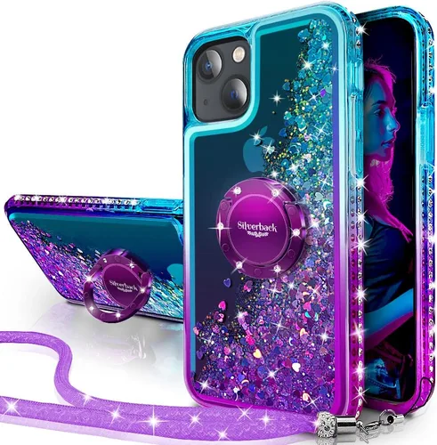 Vista 19 de Silverback Funda para iPhone 15, funda con purpurina holográfica líquida en movimiento con soporte, para niñas y mujeres, funda protectora