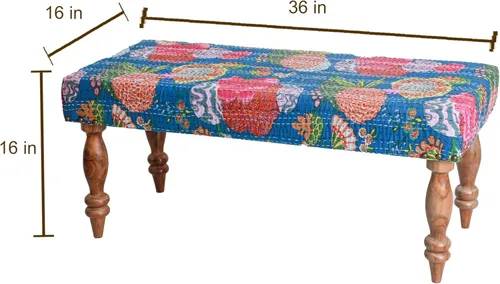 Vista 2 de Desi Favors Blue Kantha Bench – Banco de madera de El Cairo indio – Mueble acolchado Kantha hecho a mano para el hogar, sala de estar, mesa