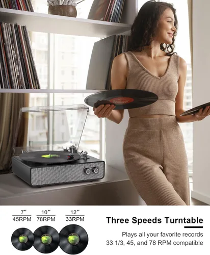 Vista 5 de Tocadiscos de vinilo con altavoces integrados mejorados, tocadiscos Bluetooth de 3 velocidades accionados por correa para discos de vinilo