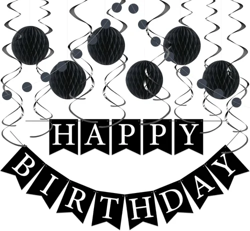 Kit de decoración de cumpleaños negro, juego de 16 piezas con pancarta de feliz cumpleaños preencordada, bolas de panal, guirnalda y espirales,