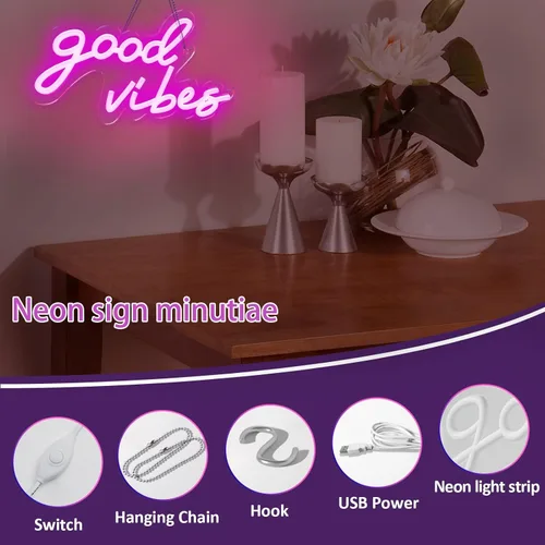 Vista 5 de Coconeon Good Vibes - Letrero de neón con interruptor regulable alimentado por USB, letreros de neón LED rosa para decoración de pared, luces