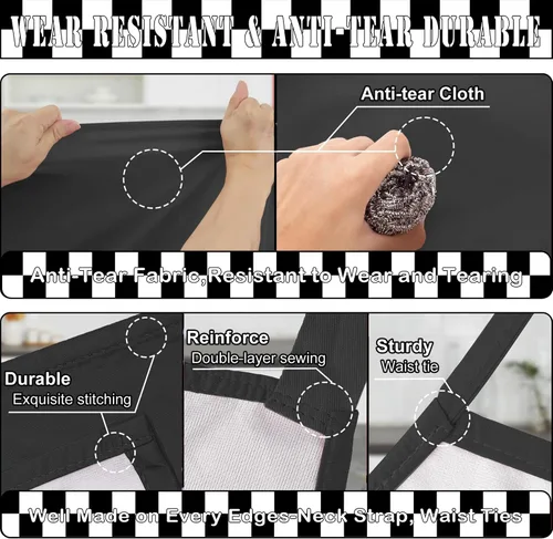 Vista 6 de Delantal ajustable a cuadros con bolsillo para hombres y mujeres, delantales impermeables, regalos para cocina, pintura, jardinería Negro y blanco a