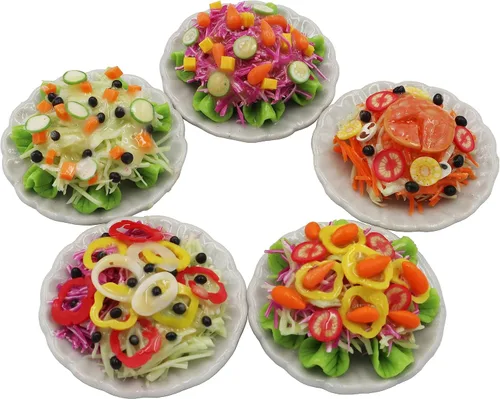 5 ensaladas surtidas con plato para casa de muñecas, comida en miniatura, escala 1:6, comida de arcilla realista para casas de muñecas, accesorios