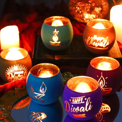 SHMILMH Diwali Gifts - 6 piezas de decoraciones Happy Diwali para el hogar, candelita de cristal colorido para fiestas, centro de mesa Deco