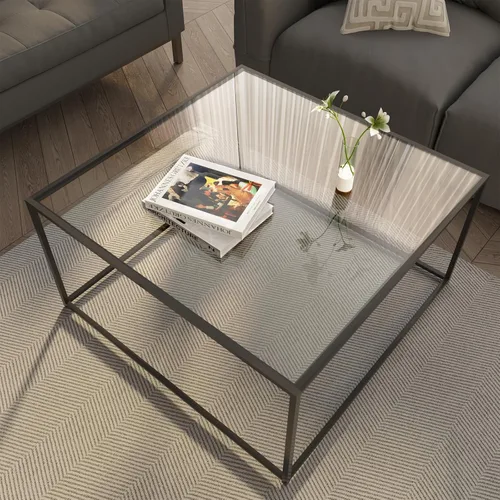 Vista 14 de Mesa de Café de Cristal Moderna Mesa Central, Mesa Minimalista de Café para Sofá y Té, Mesa Lateral para Sala de Estar, Tapa de Cristal Templado