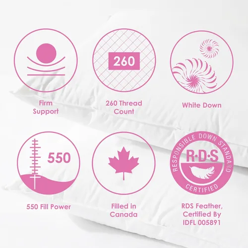 Vista 6 de Canadian Down & Feather Co. - Almohada de plumón blanca de apoyo firme tamaño King - 260 TC Shell 100% algodón - Relleno en Canadá