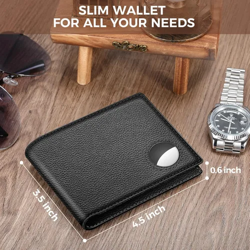 Vista 6 de Dallson Mens Wallet for Airtag Bifold Genuine Leather Wallet with Air Tag Holder 2 ID Window 10 Card Slot RFID Blocking Smart Wallet Compatible with
