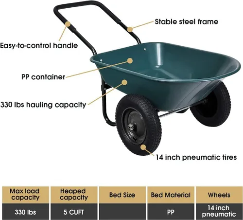 Vista 6 de Carretilla de jardín de 2 ruedas, carrito de jardín resistente, fácil carga y descarga para césped al aire libre, patio, granja, rancho, verde