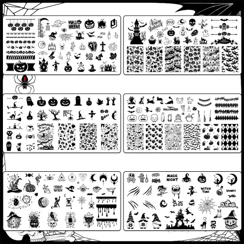 Vista 2 de Hying - Juego de 6 placas de estampado de uñas de Halloween para mujer, diseño de uñas, de acero inoxidable, diseño de calabaza Jack-o'-Lantern