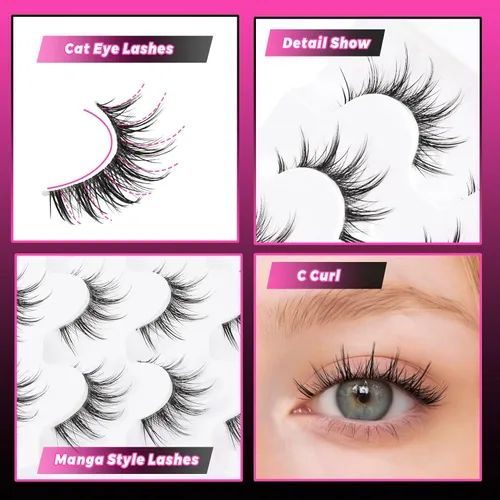 Vista 3 de Veleasha Pestañas postizas de manga puntiagudas, 100% hechas a mano, aspecto natural, pestañas postizas ligeras con banda transparente suave