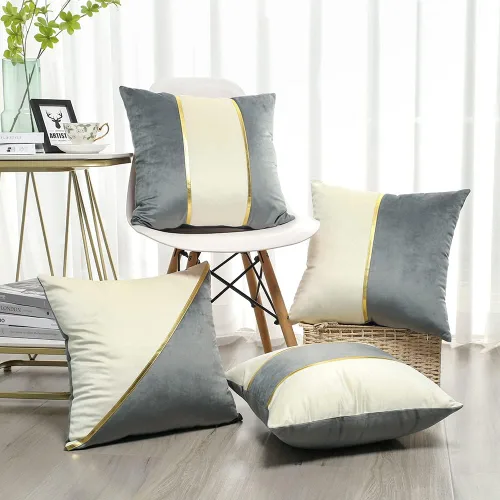 Vista 4 de OTOSTAR Juego de 4 fundas de almohada decorativas de 18 x 18 pulgadas, fundas de almohada de terciopelo modernas y acogedoras con cuero dorado