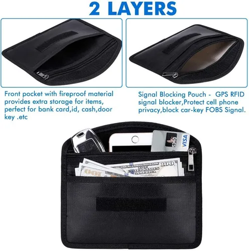Vista 3 de Bolsa Faraday ignífuga con cremallera anti-seguimiento EMF GPS RFID bloqueo de señal de coche cartera blindaje bolsa protectora para teléfono