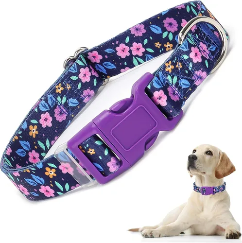 Vista 21 de Lindo collar de perro con patrones de flores verdes para perros machos y hembras, collares ajustables y cómodos para perros XS, pequeños, medianos