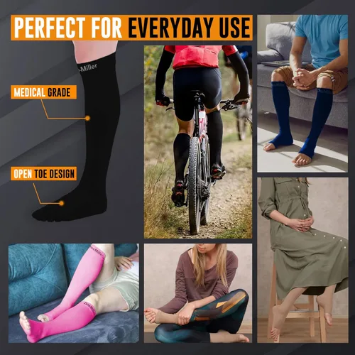 Vista 2 de Doc Miller Calcetines de compresión de dedos abiertos, 20-30 mmHg, mangas de compresión sin dedos para piernas, medias altas hasta la rodilla