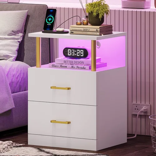 Vista 11 de VIAGDO - Mesa de noche negra con estación de carga y puertos USB, mesa de noche LED con 2 cajones, mesas de cabecera modernas con almacenamiento