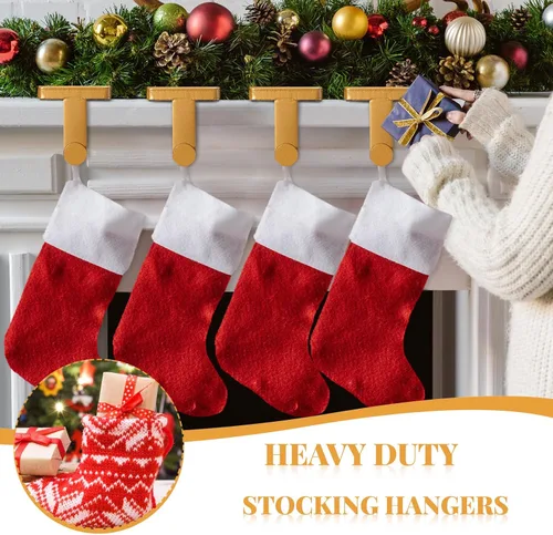Vista 4 de Landhoow 4 soportes para calcetines de Navidad, ganchos resistentes de hierro forjado con almohadilla protectora para chimenea, estante del hogar