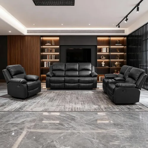 Vista 13 de Juegos de muebles de sala de estar, sofá reclinable de cuero, juego de sofá seccional con mesa de centro y portavasos, muebles de 3 piezas para sala