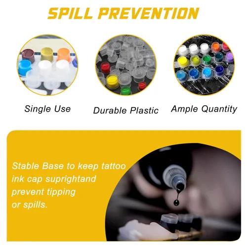 Vista 4 de 300 tapas de tinta para tatuaje, 300 tapas de tinta mezcladas, vasos desechables de tinta para tatuajes con base, 100 pequeños, 100 medios, 100