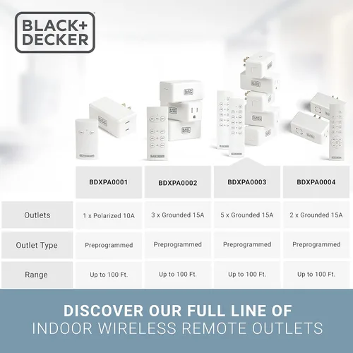 Vista 2 de BLACK+DECKER Toma de control remoto inalámbrico, paquete de 5 tomas, 2 controles remotos - Interruptores de luz premium