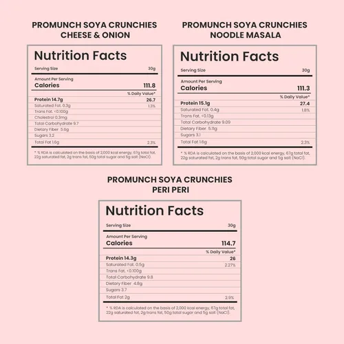 Vista 2 de PROMUNCH Bocadillo de Soja Asada Alto en Proteínas Saludable Sin gluten Paquete de 3, Sabor: Queso y Cebolla, Peri-Peri y Fideos Masala