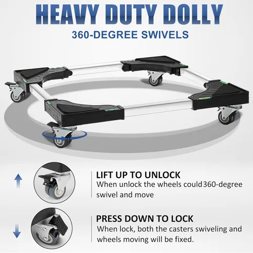 Vista 2 de Mini soporte de nevera ajustable para muebles Dolly Heavy Duty Lavadora, Rodillo móvil con 4 ruedas giratorias de bloqueo, base móvil universal