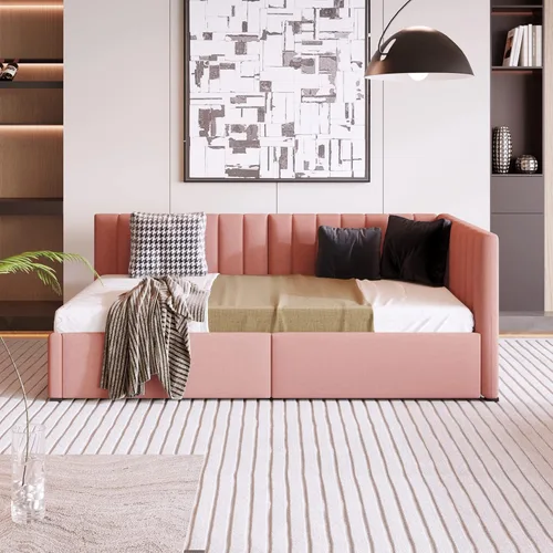 Vista 96 de Sofá cama de tamaño individual con 2 cajones y barandilla rústica, cama de plataforma capitán de madera con soporte de listones resistente, sofá