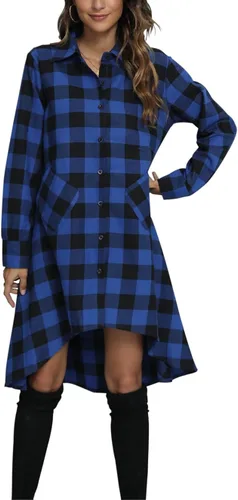 Vista 2 de olrain - Vestido tipo camisa informal de manga larga con estampado a cuadros, cuello en V y dobladillo irregular para mujer