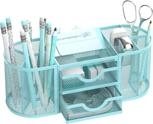 SUPEASY Organizador de escritorio de malla, organizadores de escritorio y accesorios, soporte para bolígrafos con cajones, soporte para lápices para