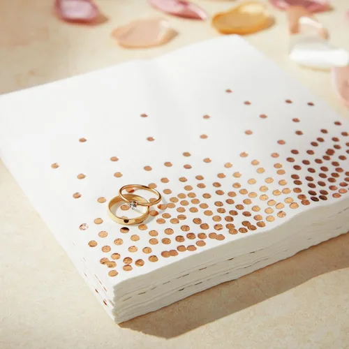 Vista 4 de Paquete de 100 servilletas de cóctel de color oro rosa, servilletas de papel desechables con lunares para recepción de boda, despedida de soltera