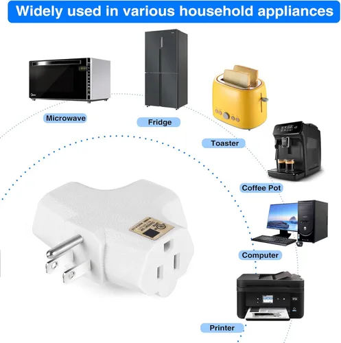 Vista 5 de Adaptador de pared de 3 tomacorrientes en forma de T, extensor de enchufe de 3 clavijas con conexión a tierra, 125 V 1875 W, enchufe de pared