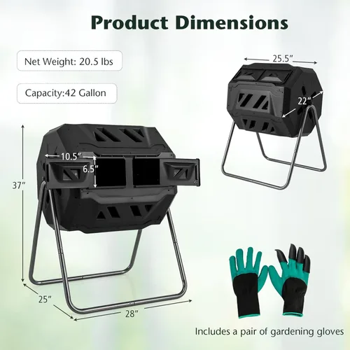 Vista 7 de Goplus Contenedor de compostaje de doble cámara para exteriores de 42 galones con 2 puertas corredizas, marco de metal resistente, compostador
