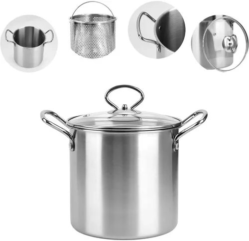 Vista 4 de Olla de freidora profunda de 3.5L con escurridor de aceite, olla de acero inoxidable con tapa y cesta, olla redonda para cocina, restaurante