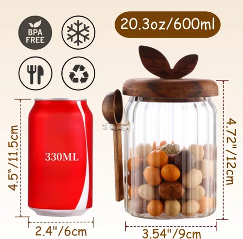 Vista 2 de ANSQU Tarro de vidrio con tapa y cuchara de madera, recipientes de almacenamiento de alimentos de vidrio de 20.3 onzas, recipiente de café molido