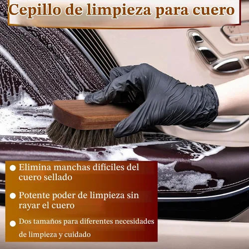 Vista 3 de 2 piezas cepillos de cuero para detallado de automóvil, cepillo de crin de caballo, cepillo de tapicería para limpieza, cepillo