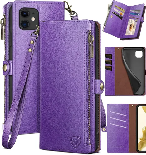 Vista 10 de XcaseBar Funda tipo cartera para iPhone 11 de 6.1 pulgadas con cremallera y tarjetero de crédito con bloqueo RFID, funda de piel sintética con tapa