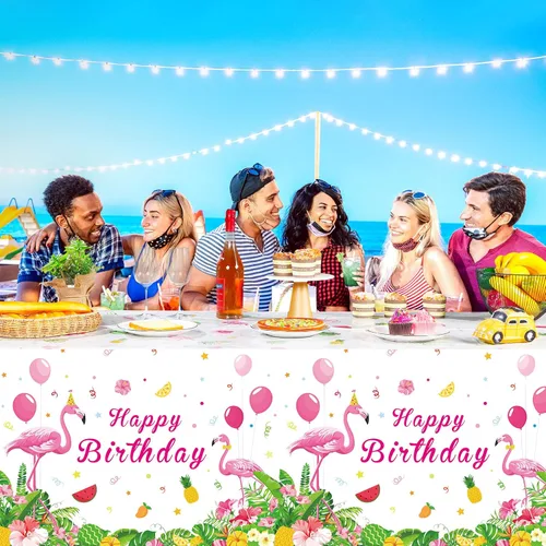 Vista 7 de Mantel rectangular de plástico tropical con diseño de flamenco rosa para decoración de fiesta de cumpleaños, picnic de verano, playa, 3 piezas, 54 x