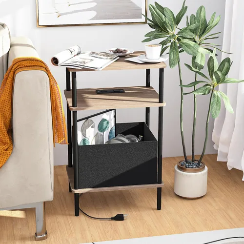 Vista 4 de Mesa auxiliar pequeña con estación de carga, mesa auxiliar para espacios pequeños, mesita de noche delgada con tomacorriente, sofá junto a la mesa