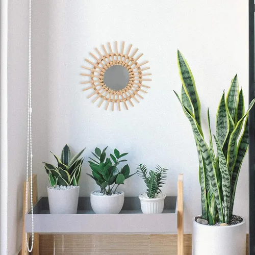 Vista 7 de ABOOFAN Espejo de ratán para colgar en la pared, marco de espejo de maquillaje, decoración artística de madera para sala de estar, dormitorio