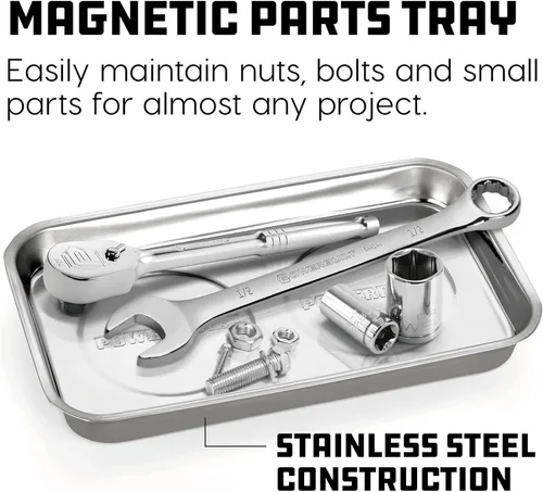 Vista 2 de Powerbuilt 648357 - Bandeja magnética de piezas de 5-1/2 pulgadas x 9-1/2 pulgadas, bandeja magnética de acero inoxidable pulido con doble