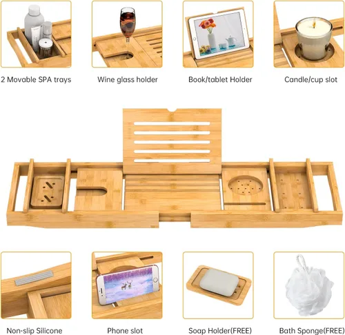 Vista 3 de Bandeja de Bañera de Bambú para Baño de Lujo, Bandeja de Baño Premium Expandible con Soporte para Jabón/Toalla/Libro, Accesorios de Baño Ajustables